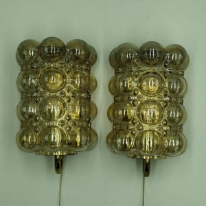 PAIR Glashütte LIMBURG sconces, amber bubble glasses, gold wall lamps by Helena Tynell, mid century modern, vintage brass lamps, Germany 70s