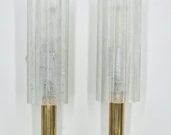 Beautiful pair of Doria ice glass wall sconces, metal body, pair of Midcentury modern wall lamps, vintage lights, rare design, 60s Germany