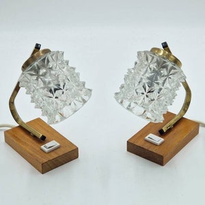 Pair Richard Essig Mid Century night lamps, sweet vintage brass lights, glass lampshade, teak wood Base, brass neck, stilnovo -1950s-