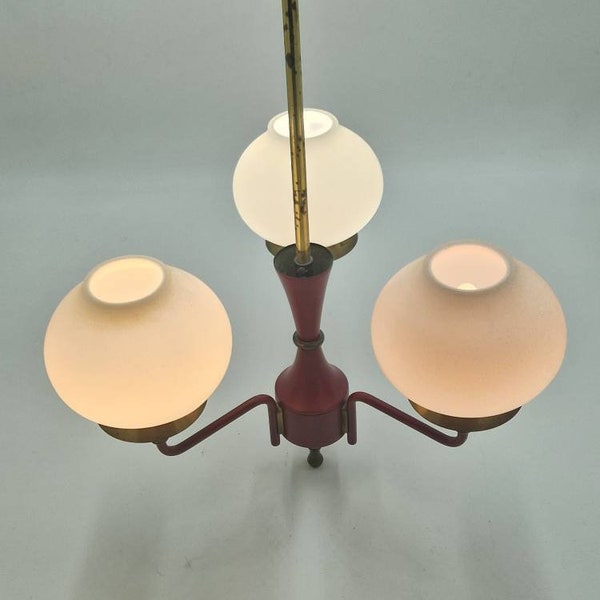 Stunning 3 armed brass chandelier, vintage lamp, midcentury opal glass, red body, rare light, imperial era, art deco, -1960s-