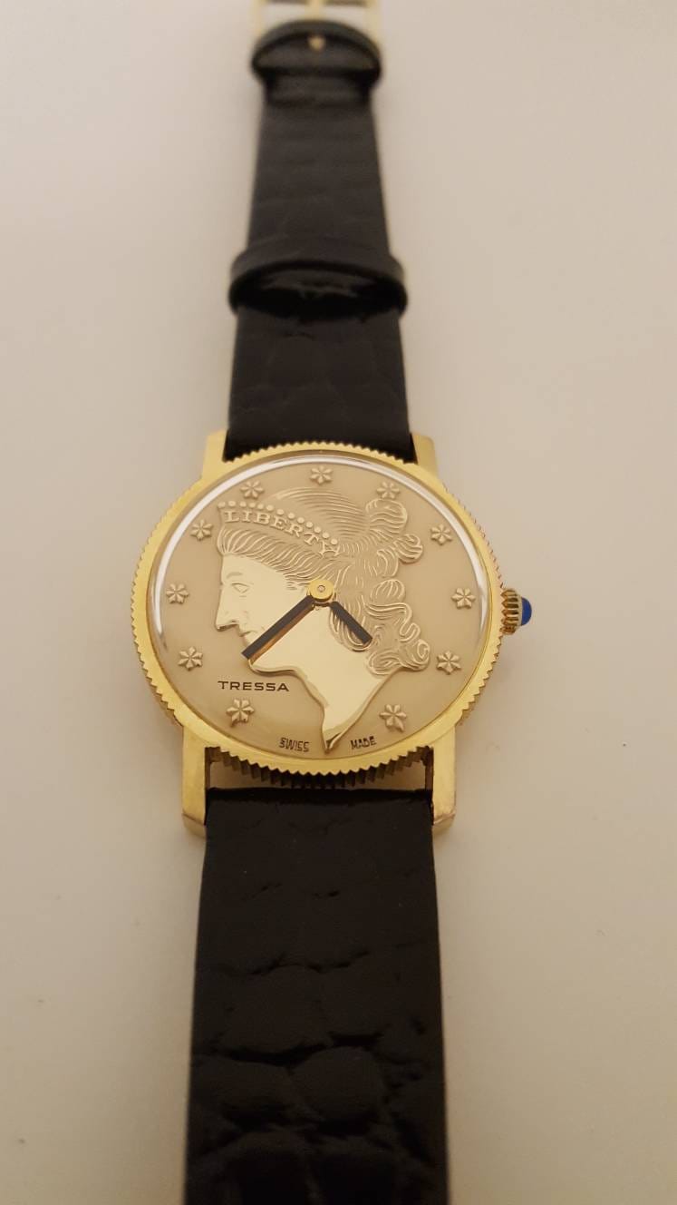 TRESSA Liberty Swiss Clock, Vintage 1970s Golden Mechanic Coin