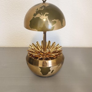 Rare "Globe" cigarette dispenser in green&beige, globe shape open with 25 cigarettes, vintage decoration, mid century modern brass article