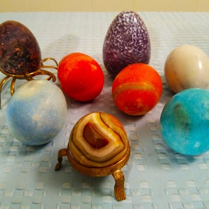 Vintage Colorful Stone Eggs - Set of 8 - 2 Stands