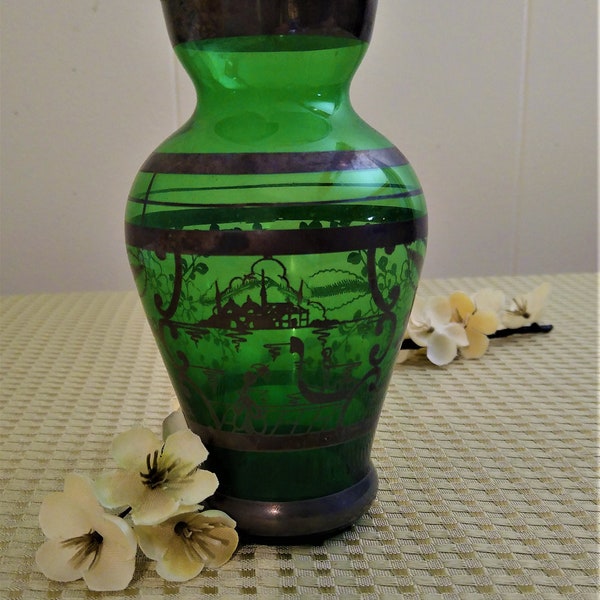 Vintage Emerald Green Venetian Vase with Silver Overlay stenciled paint- Venice & Floral Design