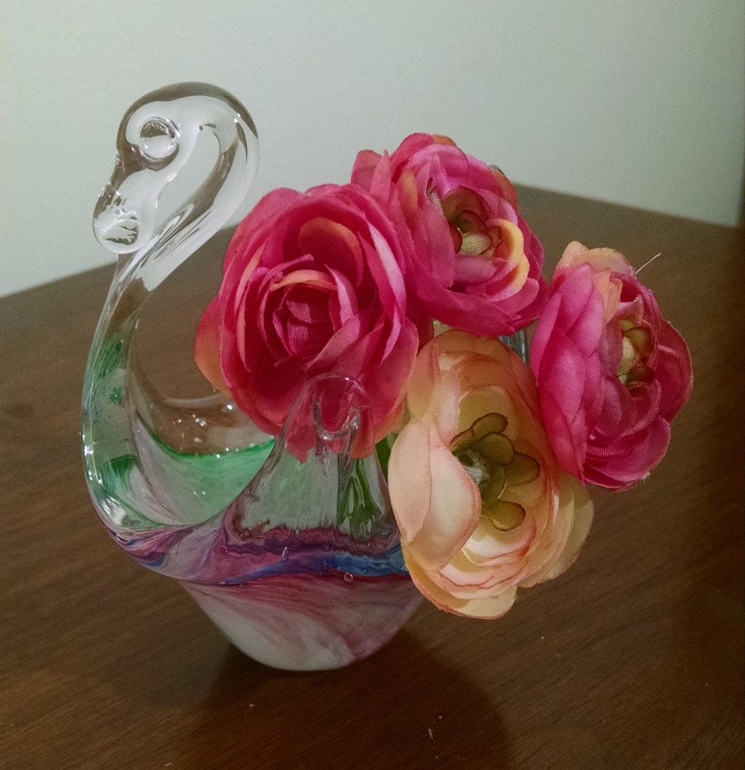 Vintage Murano Glass Swan Sculpture/figurine Pink Blue Green Clear