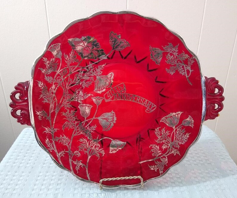 40th Anniversary Ruby Red Serving Platter Silver City Glass Company Flanders Poppy Pattern