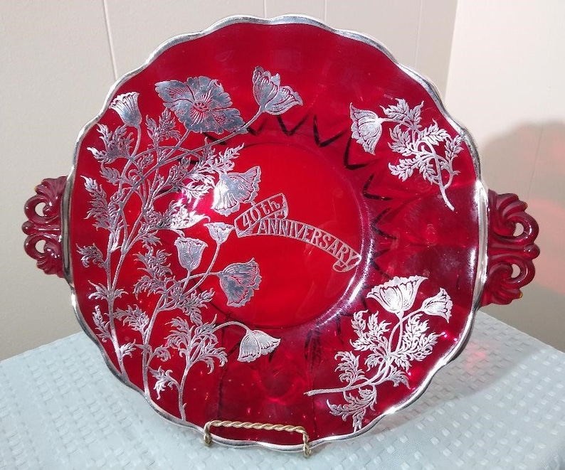 40th Anniversary Ruby Red Serving Platter Silver City Glass Company Flanders Poppy Pattern