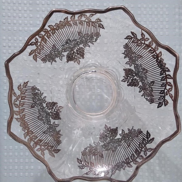 Vintage Art Deco Floral and Fruit Silver Overlay Glass Serving Bowl - Cambridge