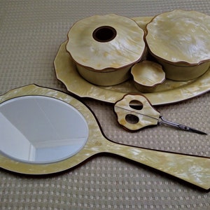 Vintage 1930&#39;s Celluloid 9 Piece Vanity Set - Carleton Arch Amerith