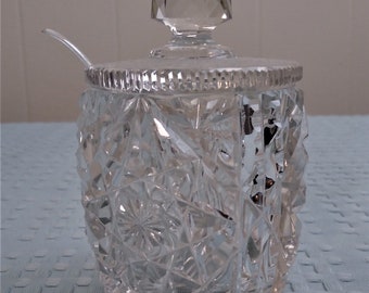 Antique American Brilliant Honey/Mustard/Condiment Serving Jar with Spoon/Ladle