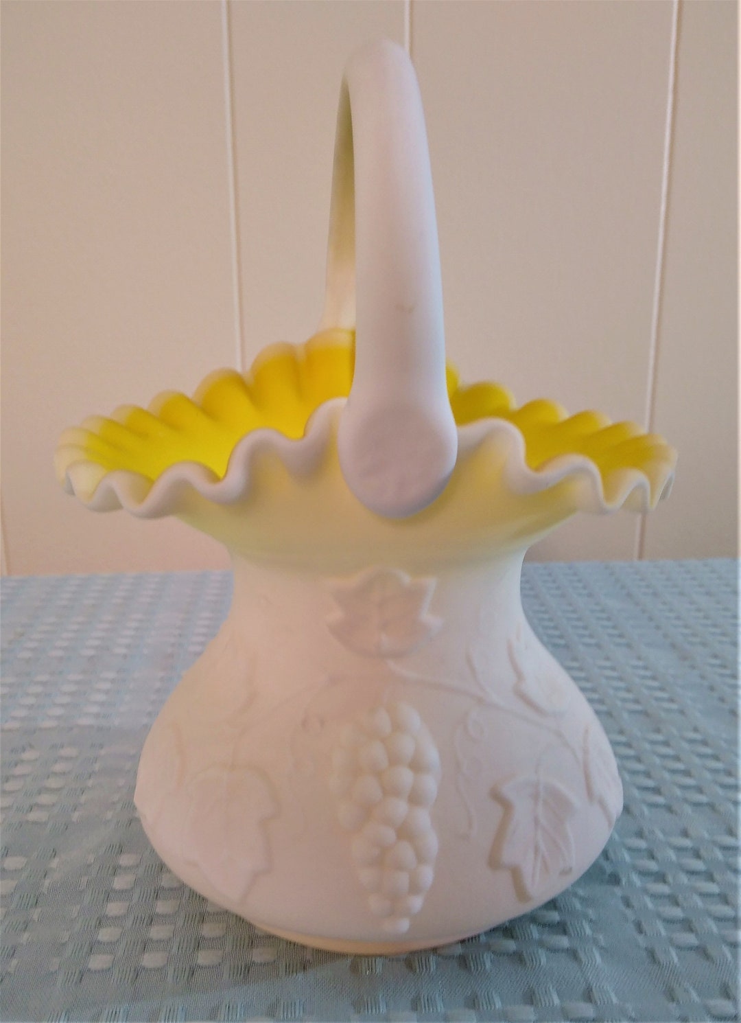 Vintage Opaque White and Yellow Glass Basket/vase Raised Grape and Leaf Pattern Etsy