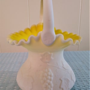 Vintage Opaque White and Yellow Glass Basket/Vase - Raised Grape and Leaf Pattern