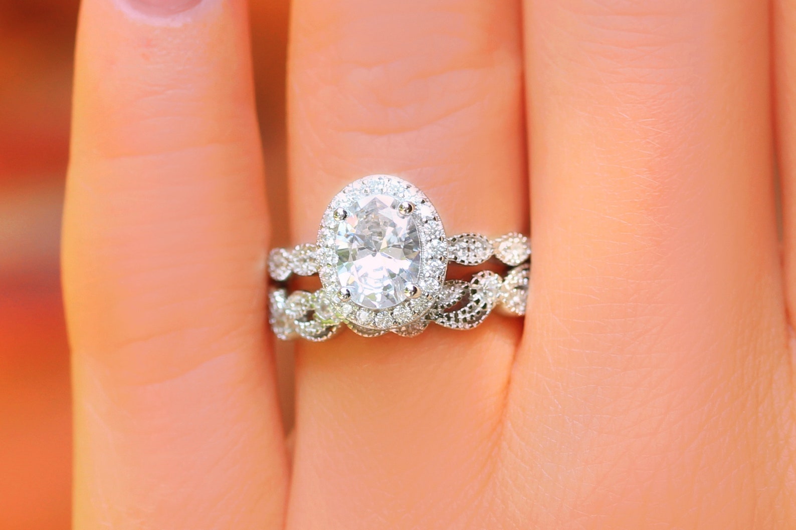 Oval Engagement Ring Set Art Deco Wedding Ring Set 925 Etsy