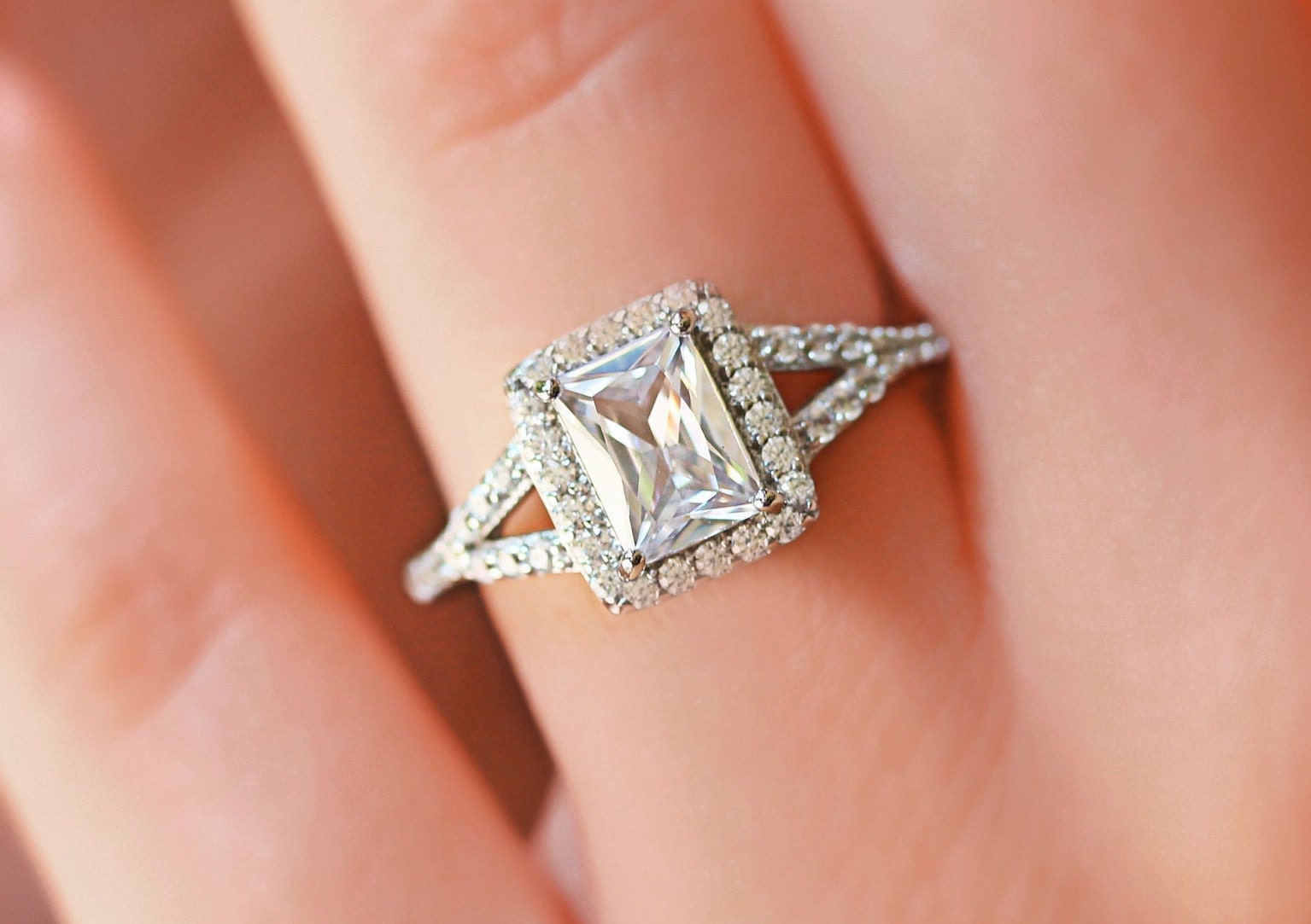 HALO ENGAGEMENT RING Square Diamond Radiant Cut Ring Halo Etsy