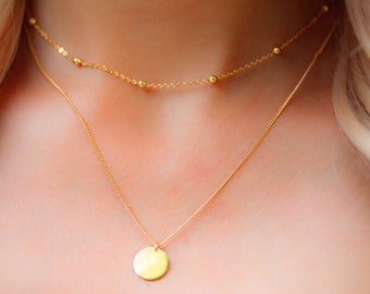Layered Necklace , Gold Plated Coin Necklace , Disc Chain Necklace