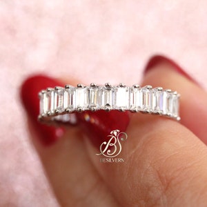 Emerald Cut Full Eternity Band, 925 Sterling Silver Engagement Wedding Band, Stackable Band, Simulated Diamond