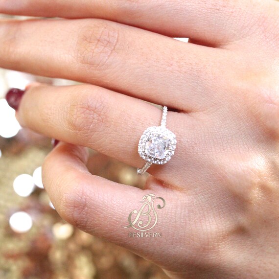 Cushion Cut Halo Engagement Ring 1ct Sterling Silver Cushion Cut