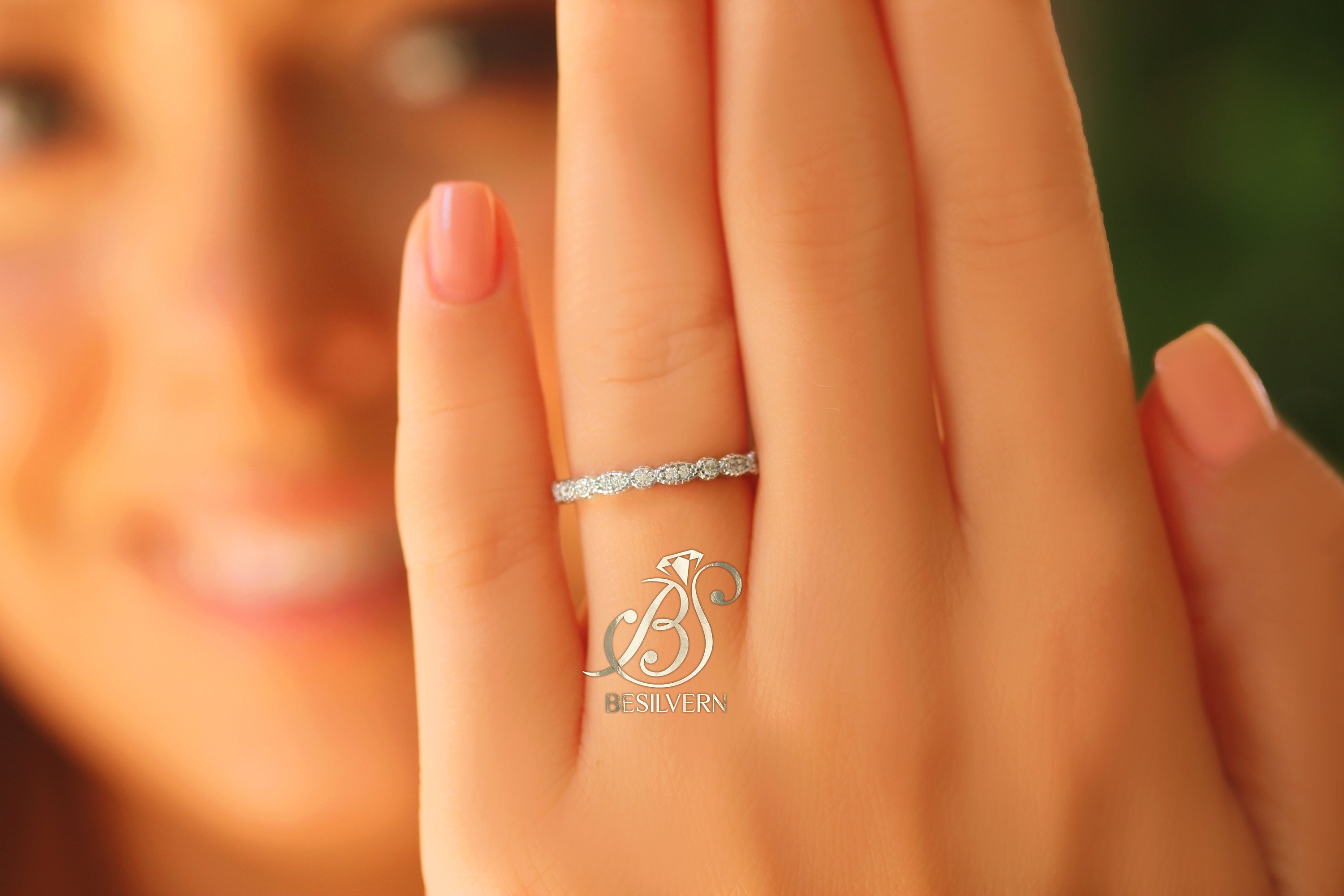 Sterling Silver Marquise Art Deco Wedding Band Ring With CZ - Size 4 To 10, Stackable 9 thumbnail image
