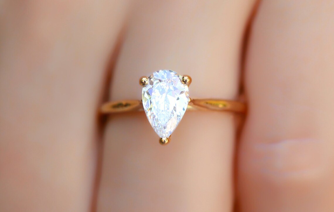 1.5 Ct Pear Shaped Engagement Ring 18K Yellow Gold Plated Etsy
