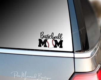 May include: Black and white vinyl decal with the text "Baseball Mom" and a baseball graphic.