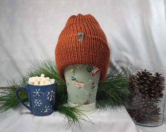 Adult Hand Knit Stocking Caps-Cozy Burnt Orange Winter Hat-One-of-a-Kind Adult Size
