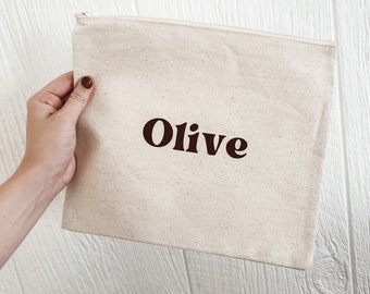 CUSTOM large canvas zipper pouch | zipper bag | diaper bag organizer | custom name or words | bridesmaid bag | cosmetic bag | canvas bag