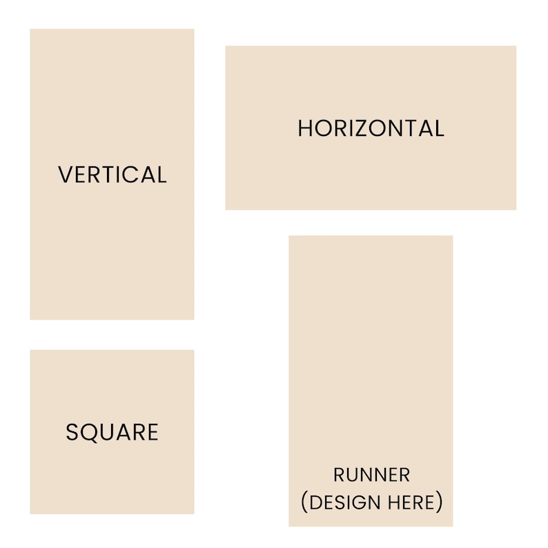 May include: Four light beige rectangular and square shapes arranged on a white background. The shapes are labelled with black text: VERTICAL, HORIZONTAL, SQUARE, and RUNNER (DESIGN HERE), indicating different layout orientations for design purposes.