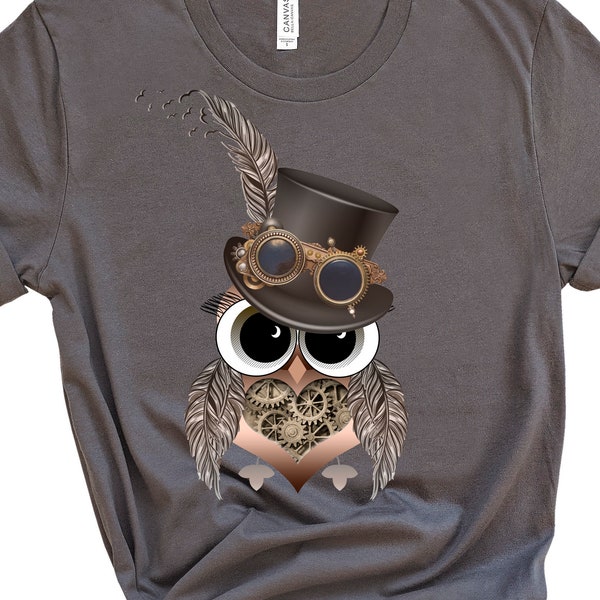 Owl T-Shirt ~ Steampunk Owl. Vintage Victorian Owl with Top Hat. Owl Gifts for Owl Lovers or Friend Who Loves Owls or Steampunk Cosplay.