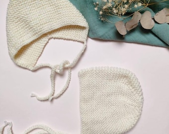 Béguin Bébé Tricoté Main - Laine Mérinos Et Coton - Blanc - Taille 0/3 Mois - NEUF