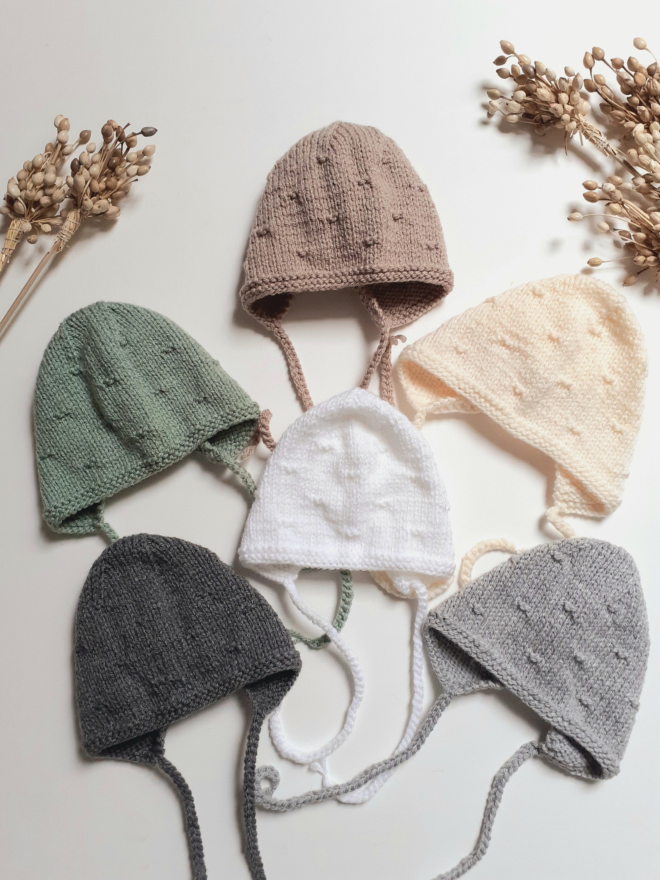 Bonnet de naissance béguin mixte en laine Mérinos écru tricoté main 0-12  mois