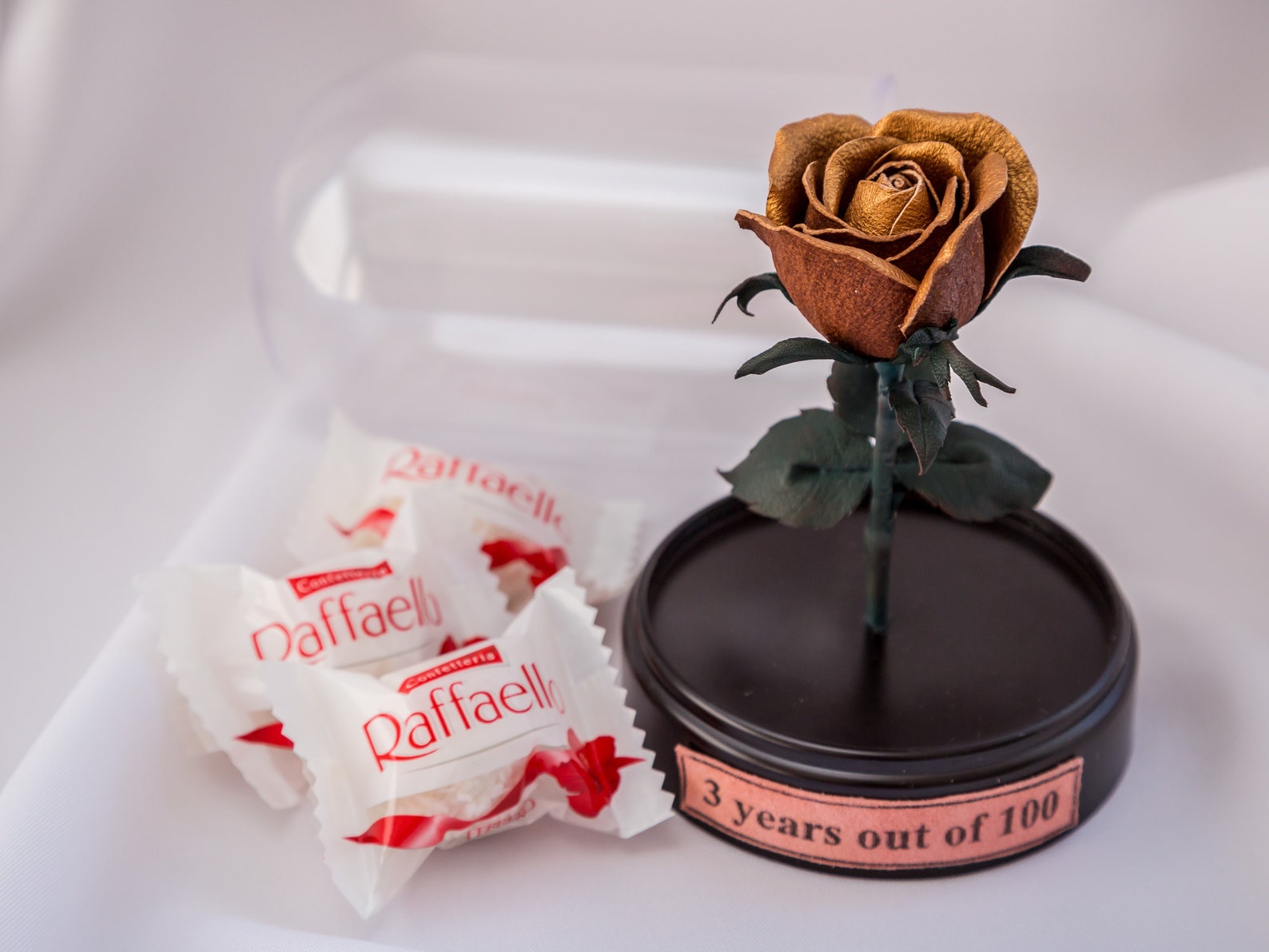 3rd anniversary gift for her / Leather rose in glass dome