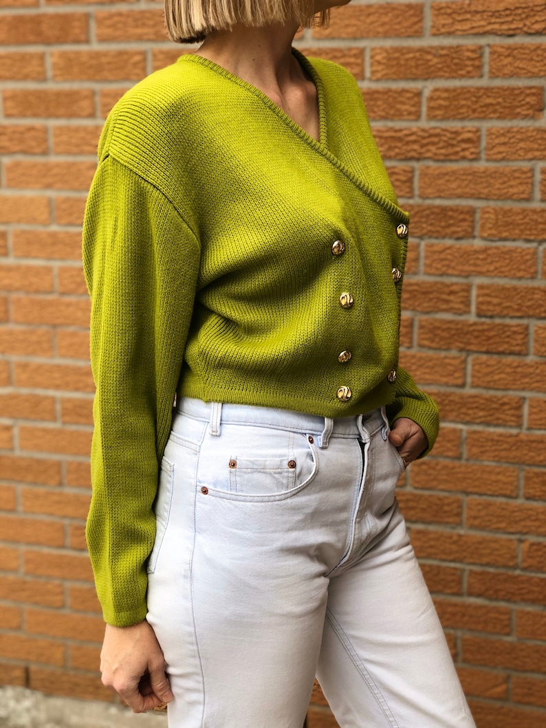 size S-L Vintage Double Breasted Lime Green Cropped Cardigan