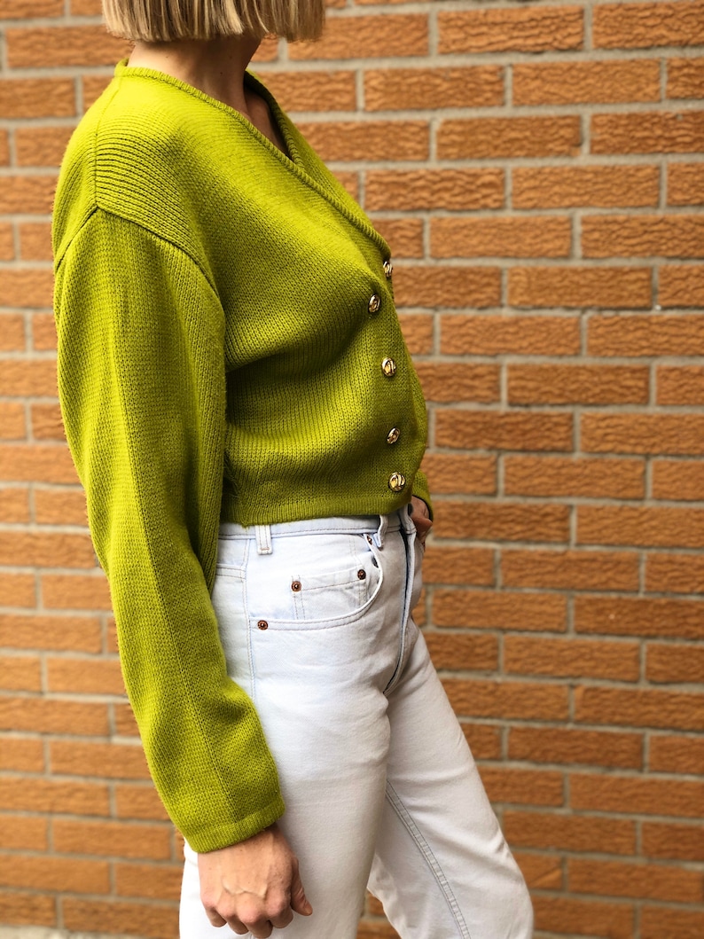 size S-L Vintage Double Breasted Lime Green Cropped Cardigan