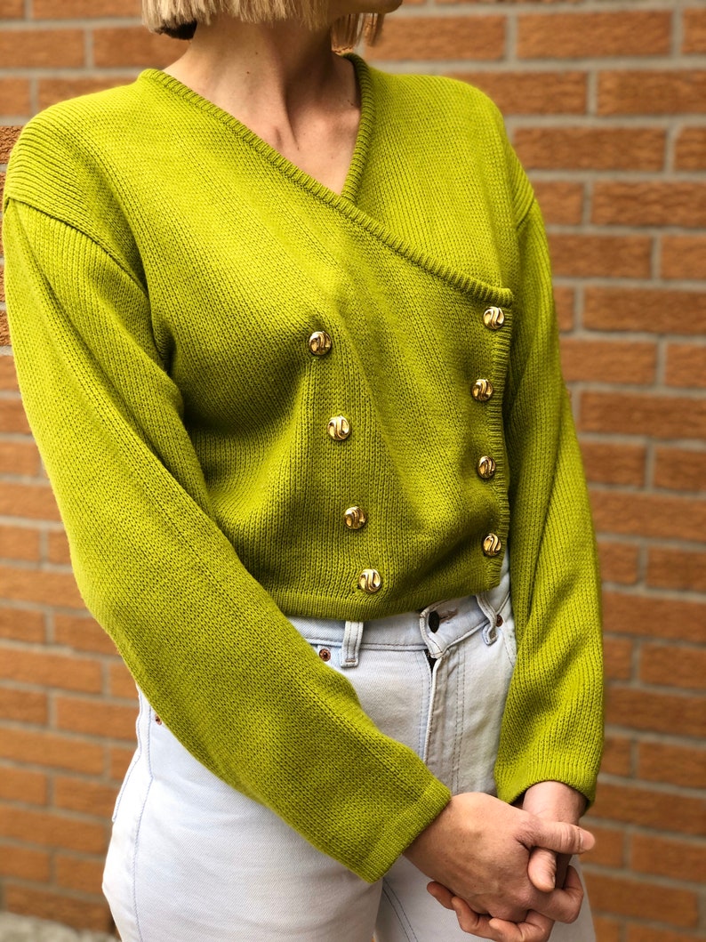 size S-L Vintage Double Breasted Lime Green Cropped Cardigan
