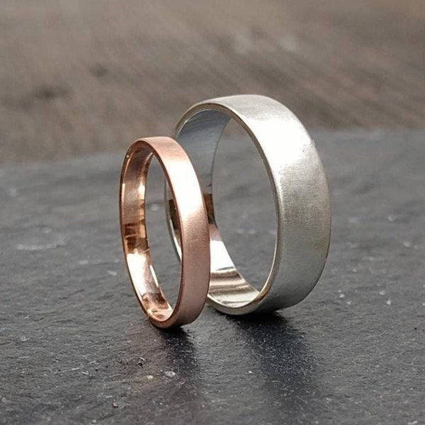 Einzigartiges Ehering-Set aus Rotgold und Silber 925 , handgefertigte einzigartige Ringe