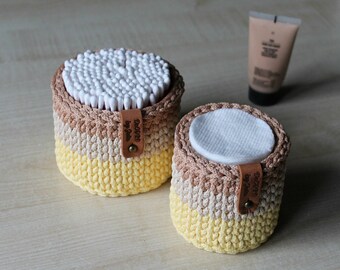 Bathroom Organization Cotton Ball Holder QTip Holder Makeup Organizer Cotton Pads Crochet Storage Yellow beige basket Bedroom Storage