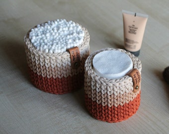 Bathroom Organization Cotton Ball Holder QTip Holder Makeup Organizer Cotton Pads Crochet Storage Terra cotta beige basket Bedroom Storage