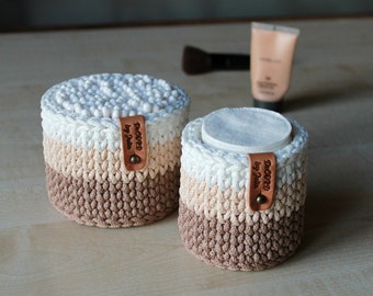 Organisation de la salle de bain Porte-boule de coton Porte-QTip Organisateur de maquillage Tampons en coton Rangement au crochet Café beige panier blanc Rangement de la chambre