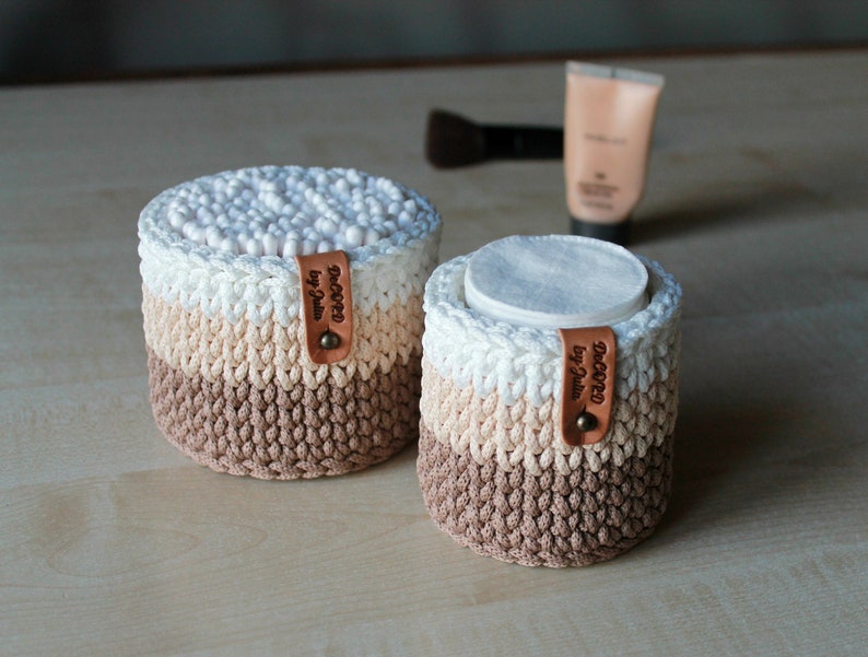 Bathroom Organization Cotton Ball Holder QTip Holder Makeup Organizer Cotton Pads Crochet Storage Сoffee beige white basket Bedroom Storage image 1