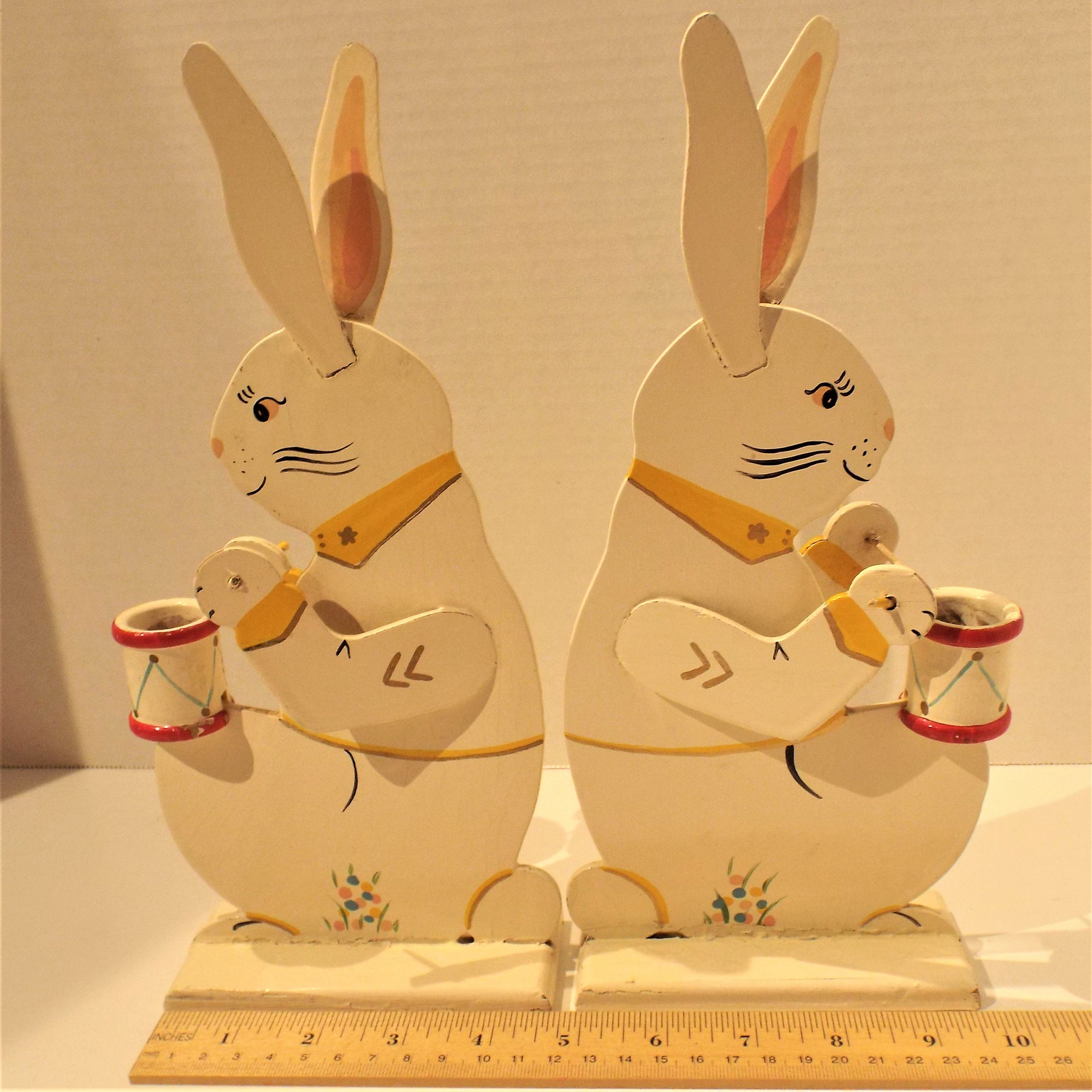 Vintage Bunny Candle Holders Set of 2 Painted Wooden Etsy