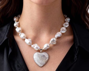 Natural white baroque pearls with heart pendant Necklace , Freshwater Pearl Necklace, Gift for women, Festival present