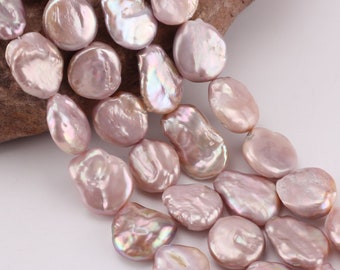 Natural Purple Coin Pearl Strand, High Luster Freshwater Pearls, 16 Inches