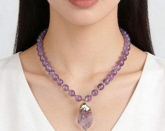 8 mm Lavendel Amethyst Halskette,Lila Kristall Halskette,Amethyst getaucht Goldanhänger, handgemachte Halskette,Statement Halskette Schmuck-STN00147