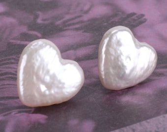 White Heart Freshwater Pearl Stud Earrings: Sterling Silver