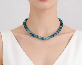 8mm Blue Striped Agate Necklace: Round Gemstone Jewelry