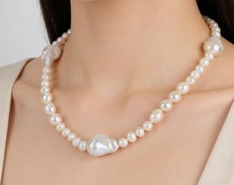 Collana di perle barocche, girocollo di perle d'acqua dolce fatto a mano, elegante gioiello da sposa, regalo perfetto per la sposa.