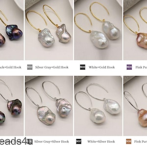 May include: Ten pairs of pearl earrings with different colored pearls and hook styles. The pearls are in black, silver gray, white, and pink purple. The hooks are in gold and silver.