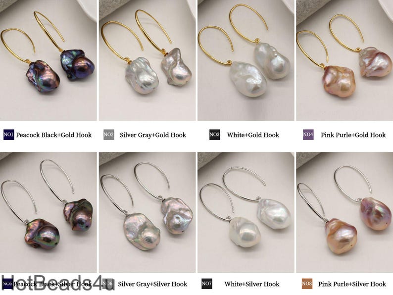 May include: Ten pairs of pearl earrings with different colored pearls and hook styles. The pearls are in black, silver gray, white, and pink purple. The hooks are in gold and silver.