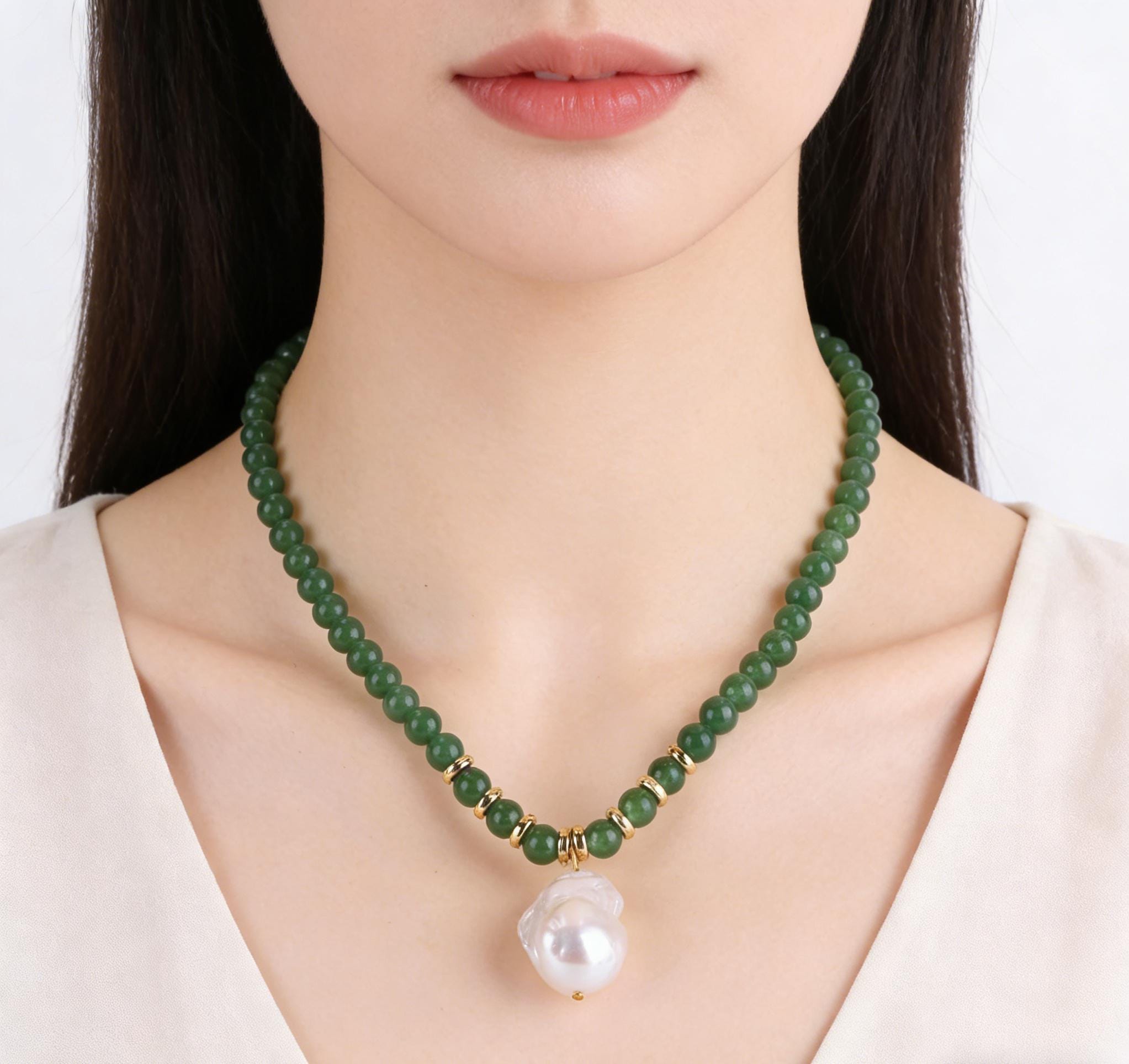 Green Jade & Baroque Pearl Necklace: Beaded Jade Choker - Etsy