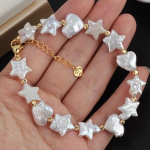 White Star Pearl Bracelet,Irregular Shape Star Pearl Bracelet, Gold Spacer Beads, Minimalist Bracelet, Gift for Mother,Elegant Wedding Gift